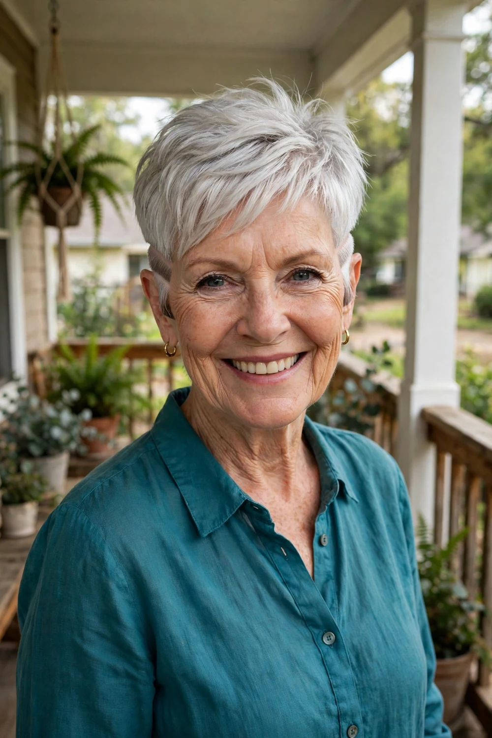 Caucasian woman in her early 70s with a white pixie and a shaved undercut detail at the temples