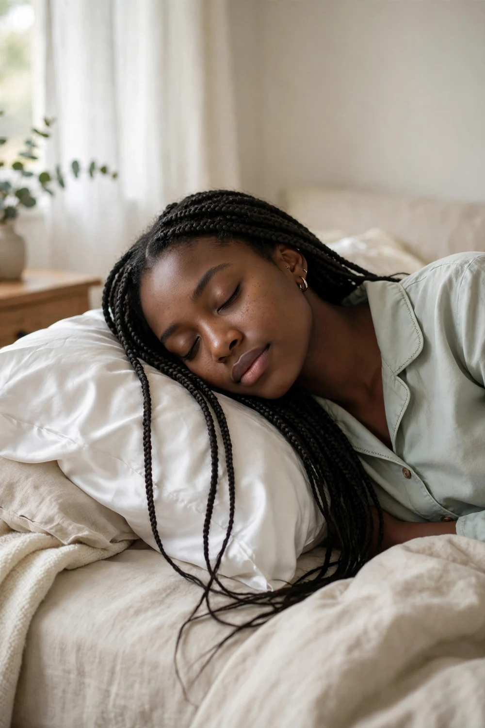 Woman with braids resting on a silk pillowcase