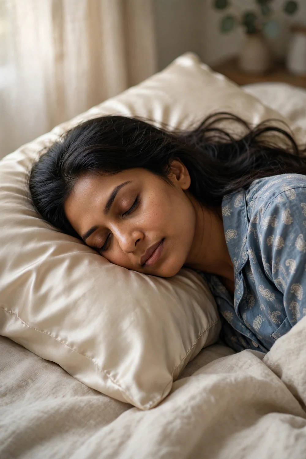 Woman sleeping on a silk pillowcase to prevent overnight frizz