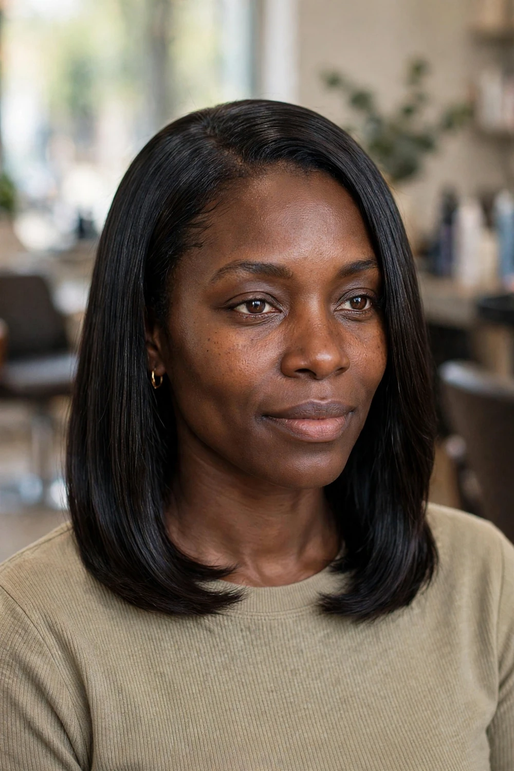 Black woman with a sleek shoulder-length silk press lob, hair straight and glossy