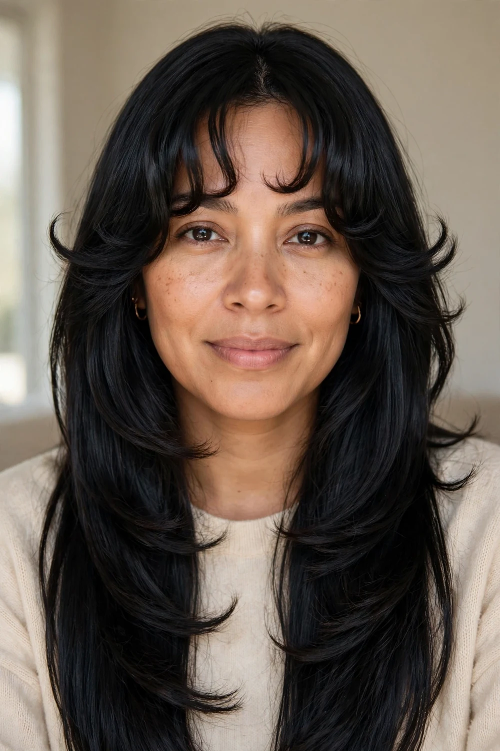 Silk-straight butterfly cut with softly curled bangs