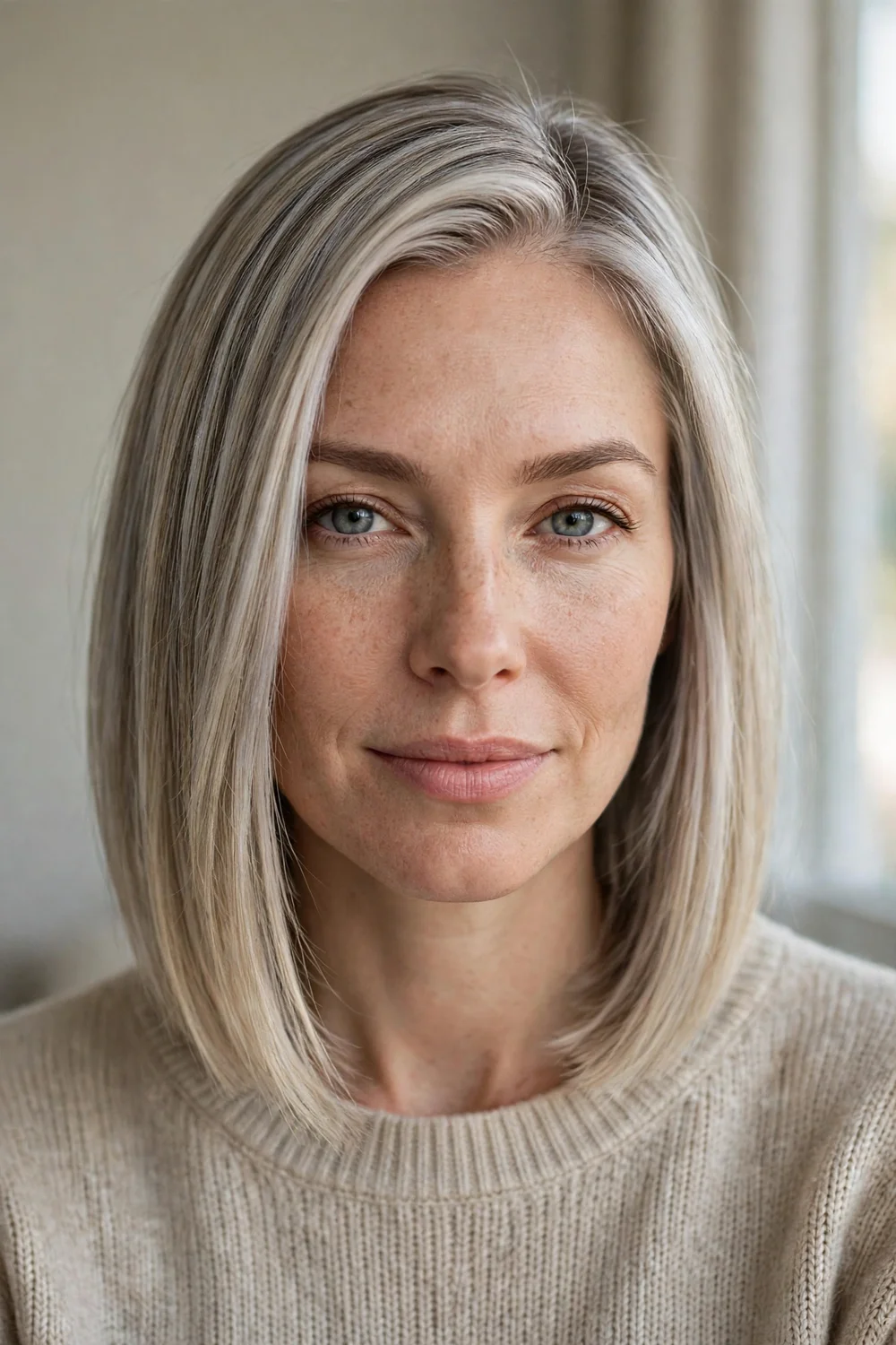 Woman with sleek silver and ash blonde balayage lob