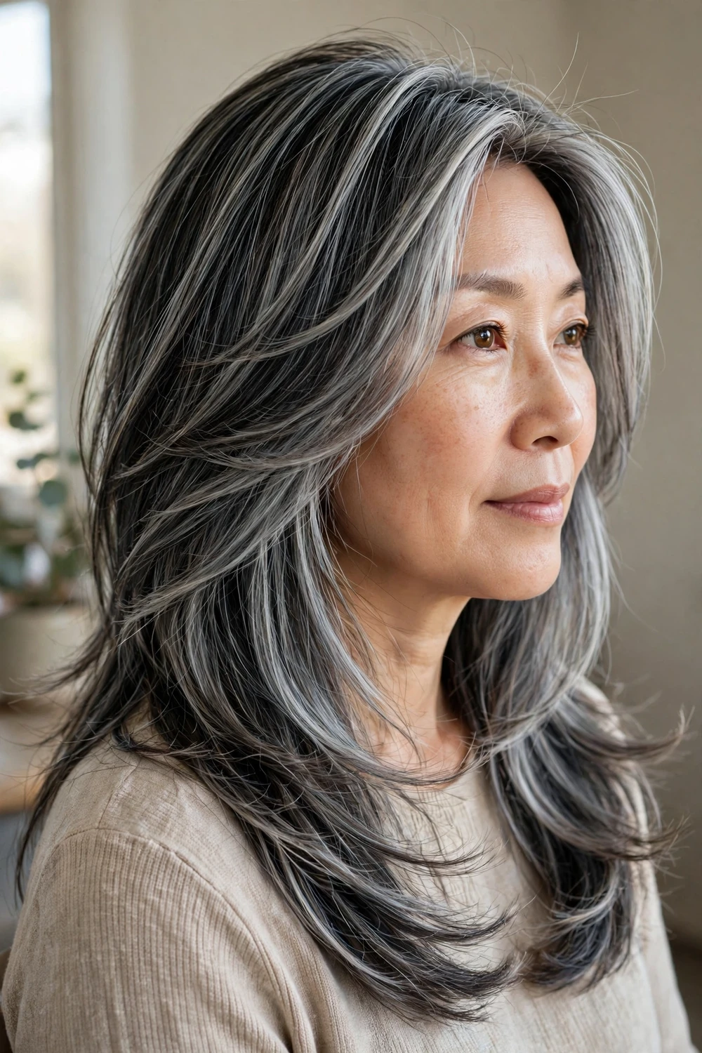 Woman with silver ash dimensional hair with layered silver and ash highlights