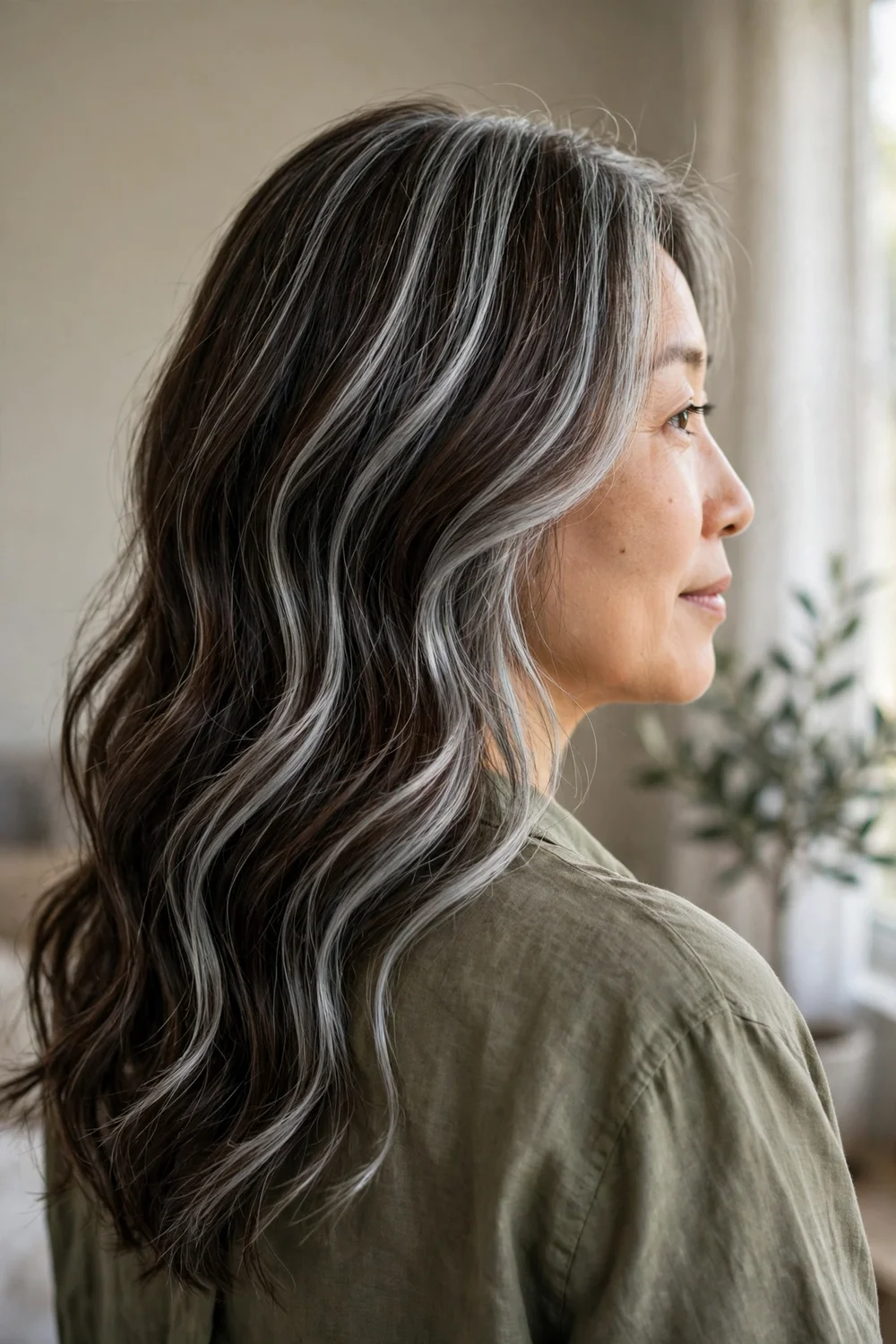 Back view of dark brown wavy hair with dimensional silver balayage ribbons