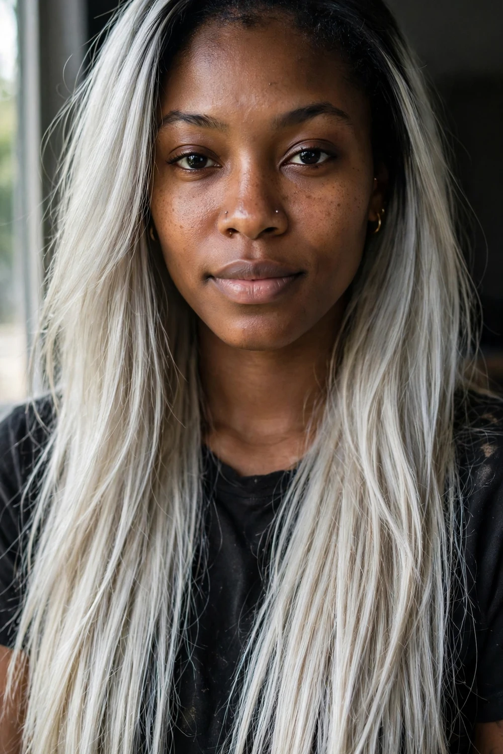 Silver blonde hair with bold black roots