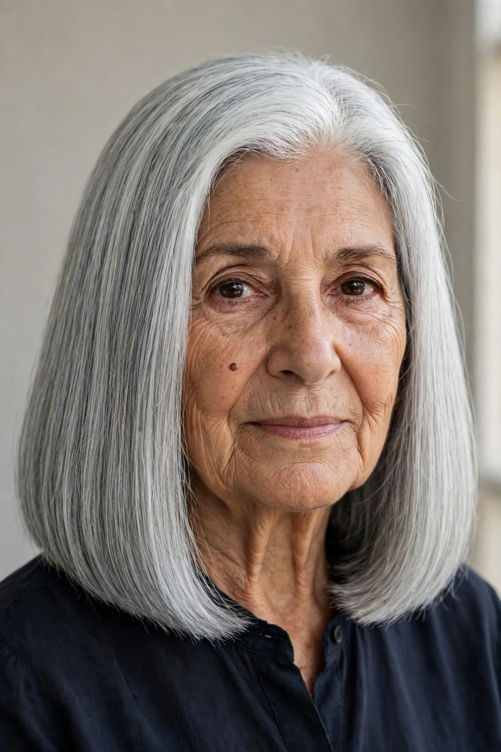 Woman in her late 60s with silver blunt lob, one-length, front view