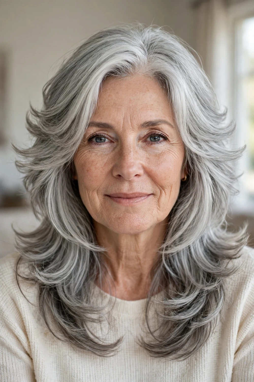 Silver butterfly cut on gray hair with soft layers
