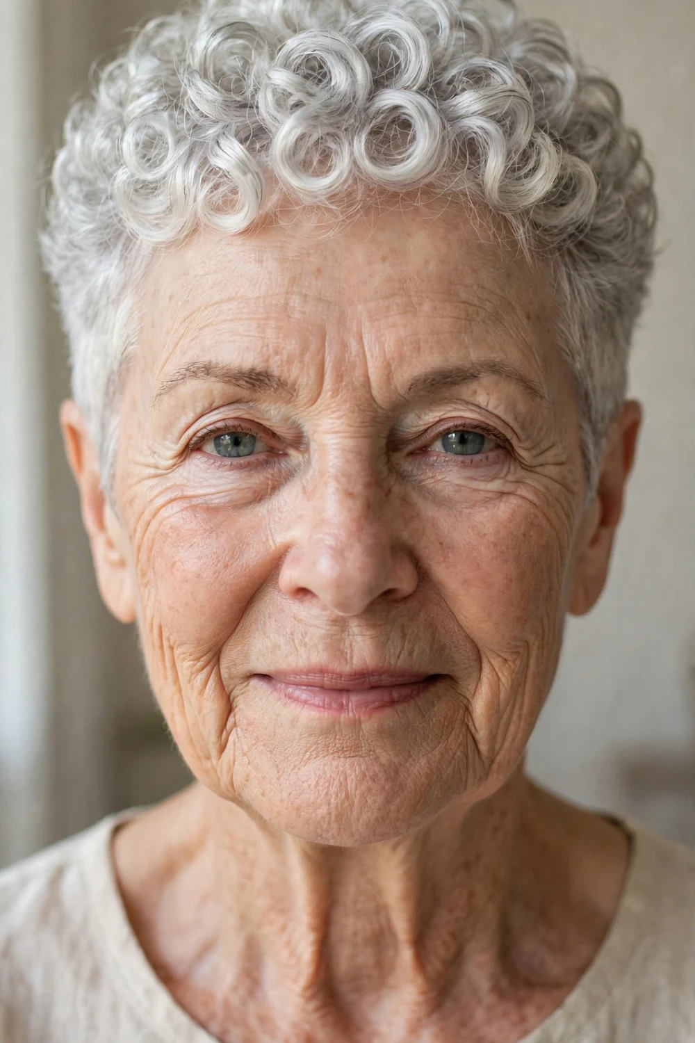 Woman over 60 with a silver curly pixie, full head of short coiled silver curls