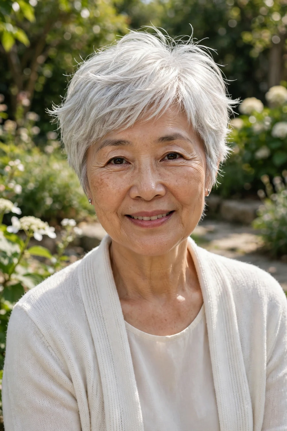 Woman over 50 with silver choppy pixie and soft luminous layers