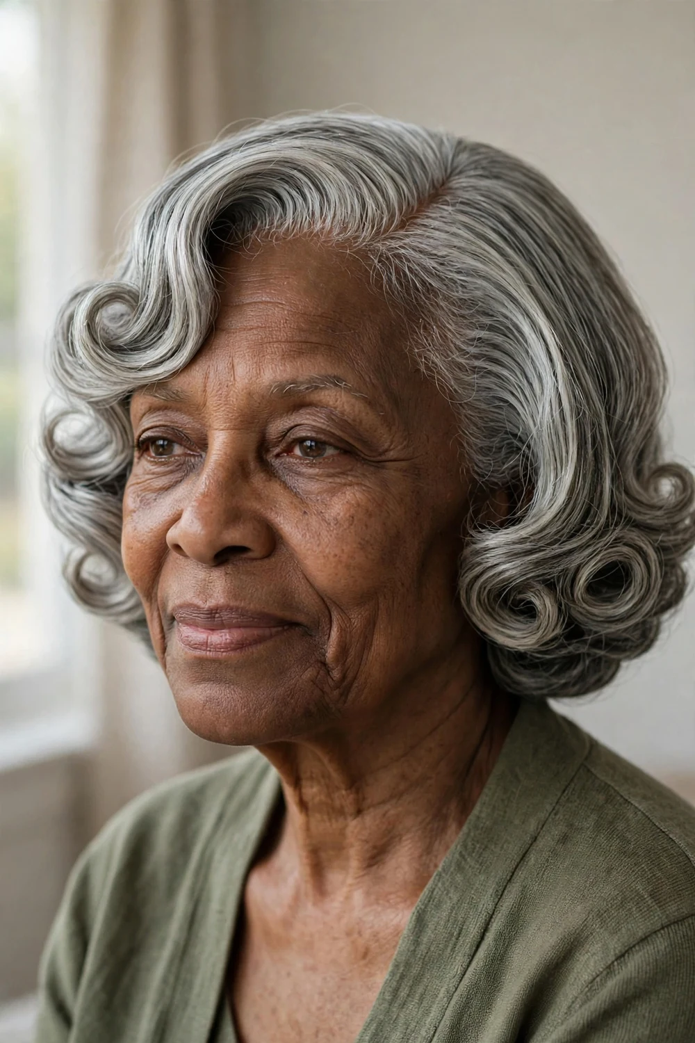 Woman over 60 with a silver curled bob and deep side part