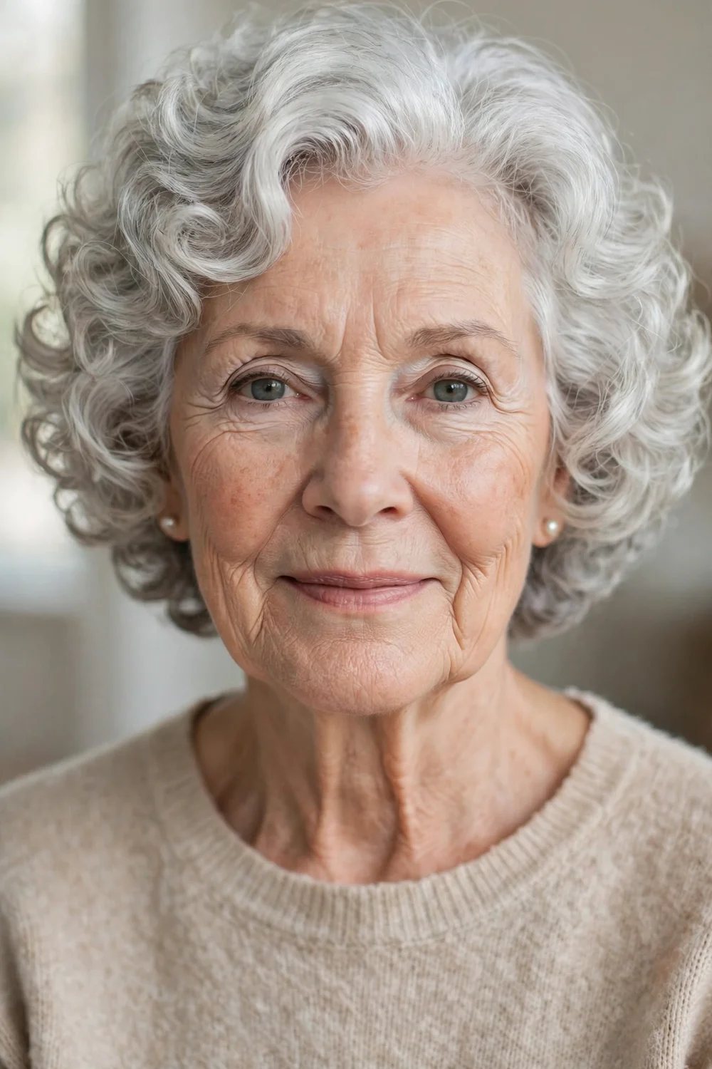 Older woman with bright silver curly hair