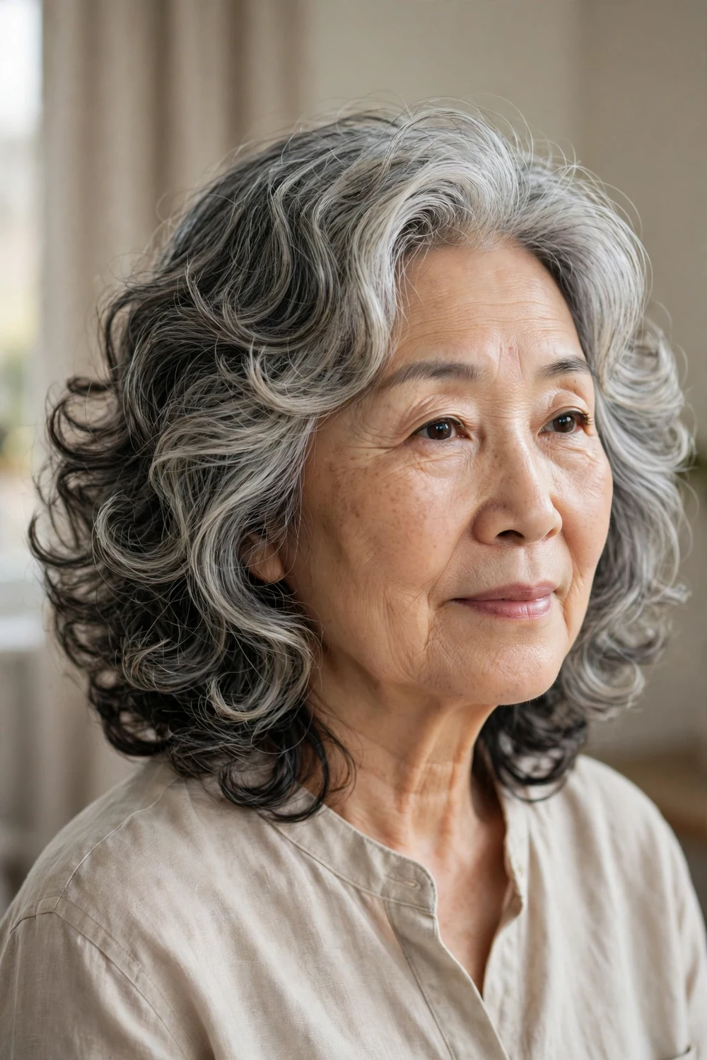 Woman over 60 with a silver curly lob with layers