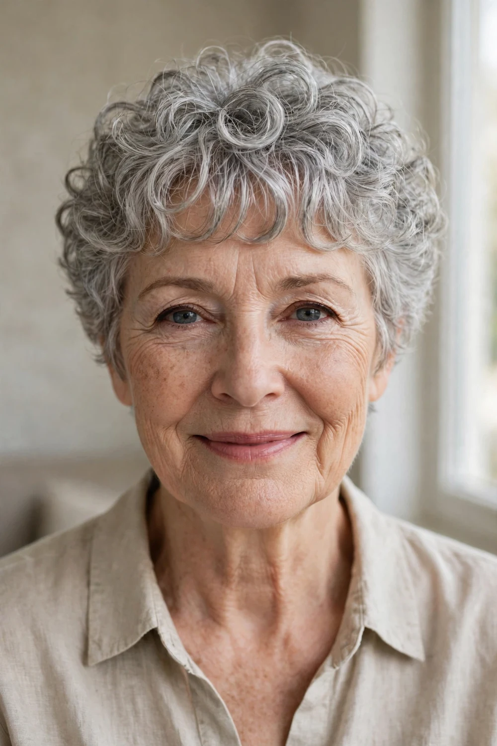 Silver curly pixie with bangs on gray hair
