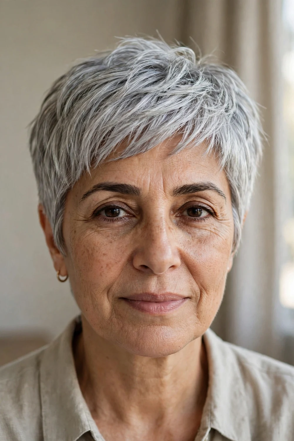 Silver grey choppy pixie with wispy razor-cut layers on an older woman