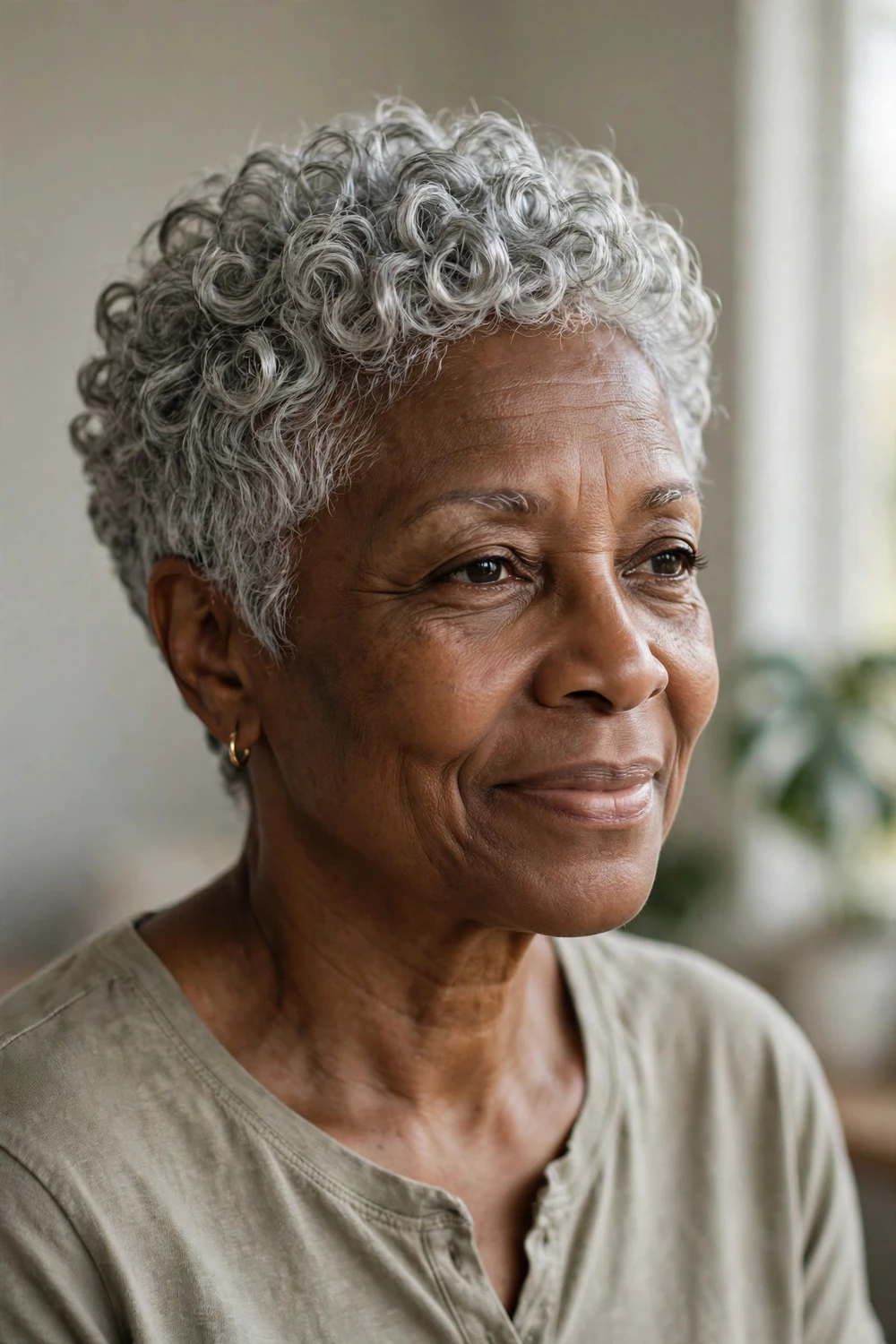Woman in her 50s with a silver gray curly pixie, short defined gray curls
