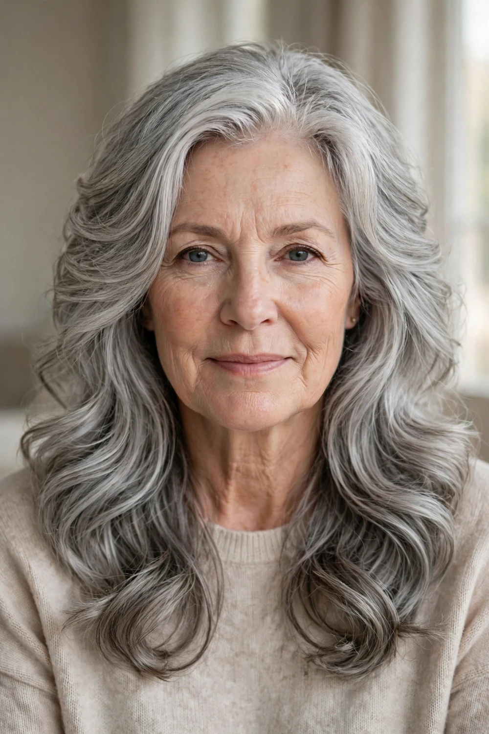 Woman over 50 with silver gray layered wavy hair