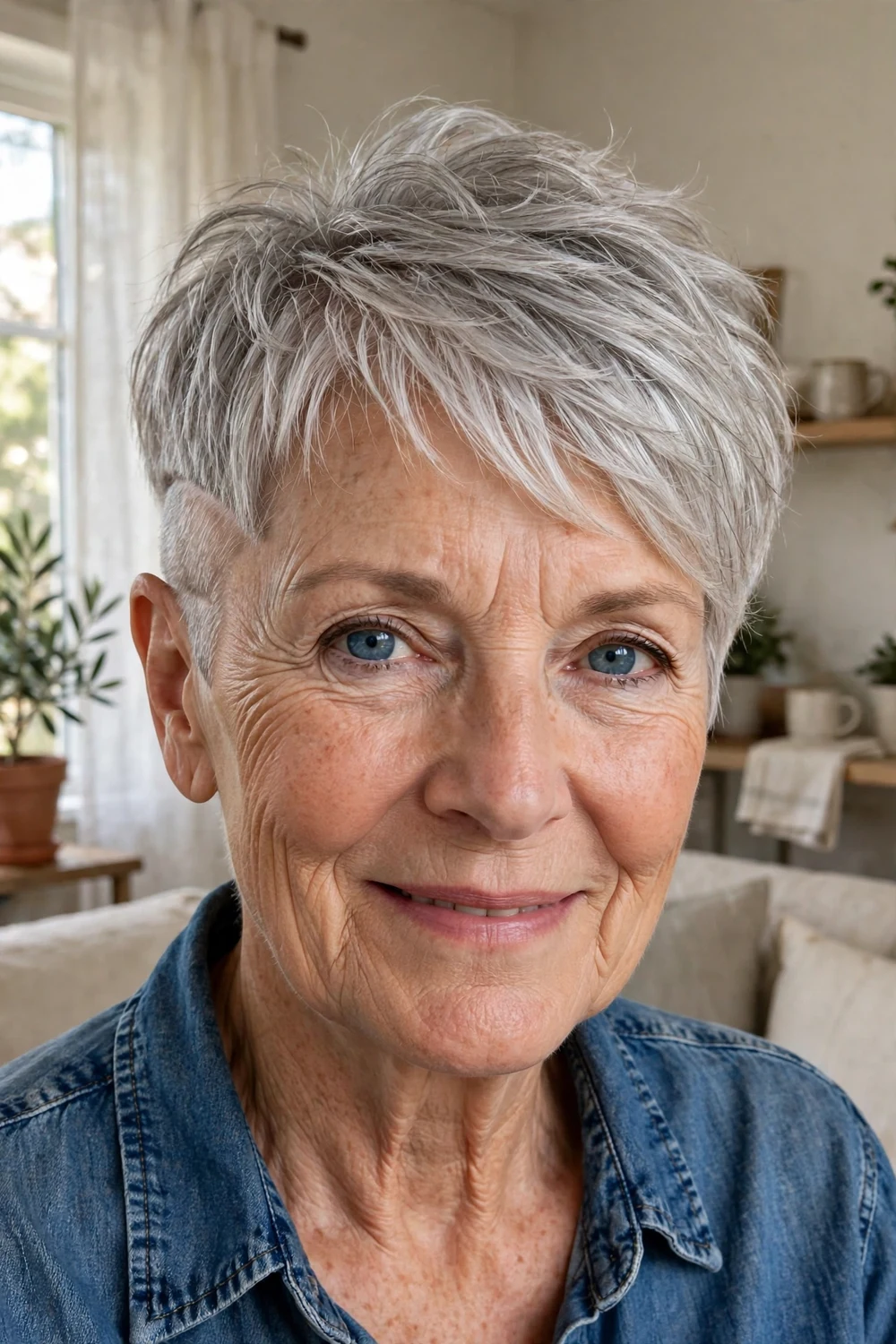 Caucasian woman in her early 70s with a silver layered pixie and a clean shaved undercut on one side