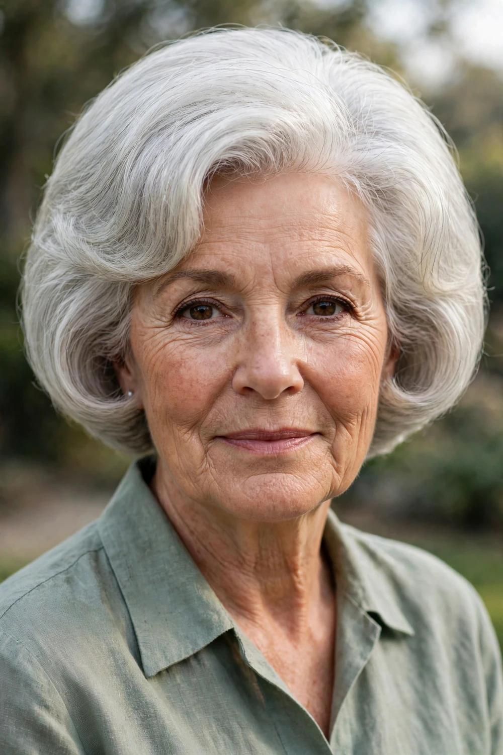 Woman in her 60s with silver pageboy cut with inward-curving ends, front view