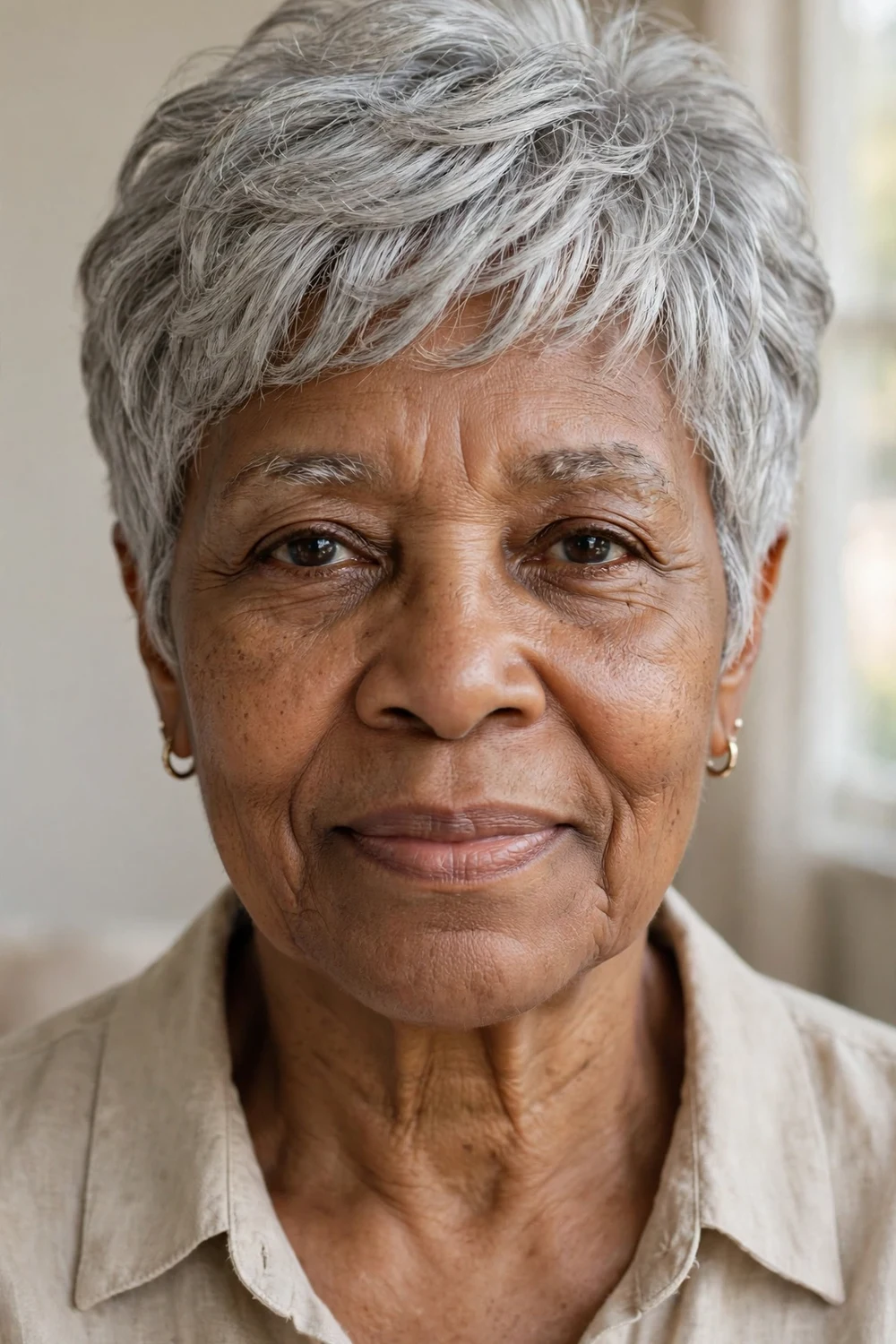 Front view of a silver pixie on a woman over 50 with thin natural grey hair