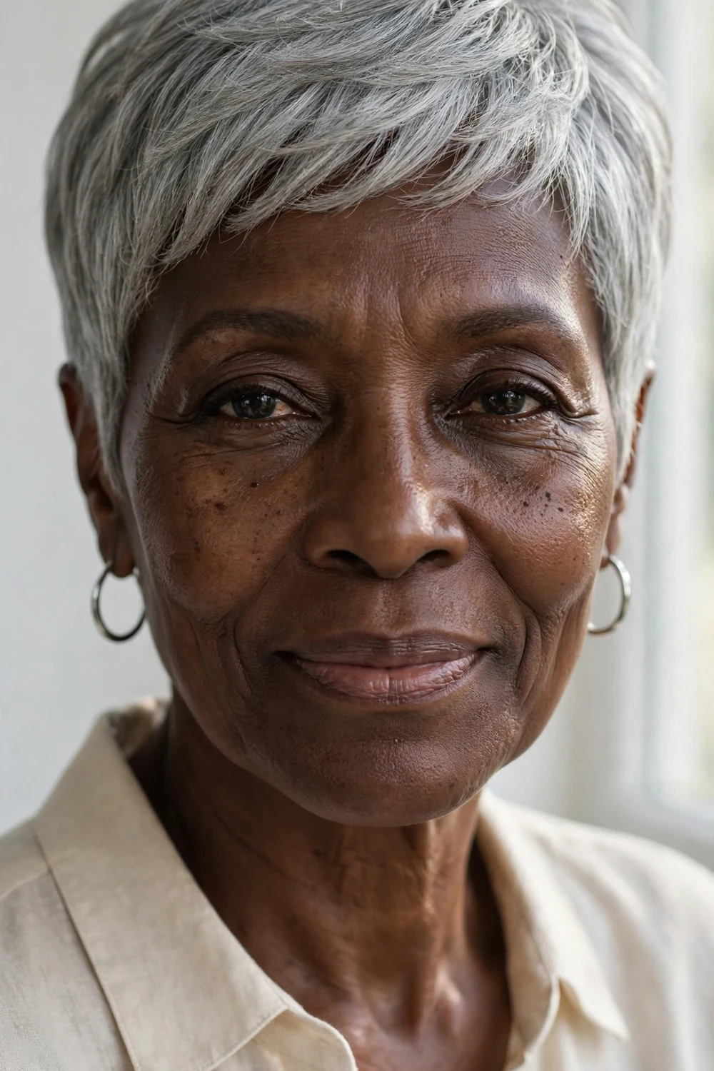 Older Black woman with a silver gray short pixie cut