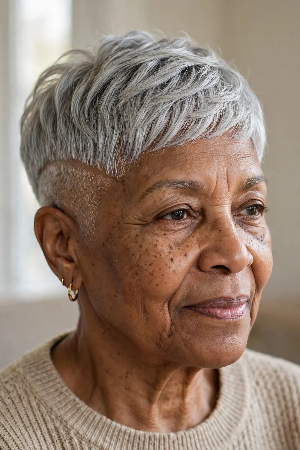 Older Black woman with a silver pixie and shaved temples