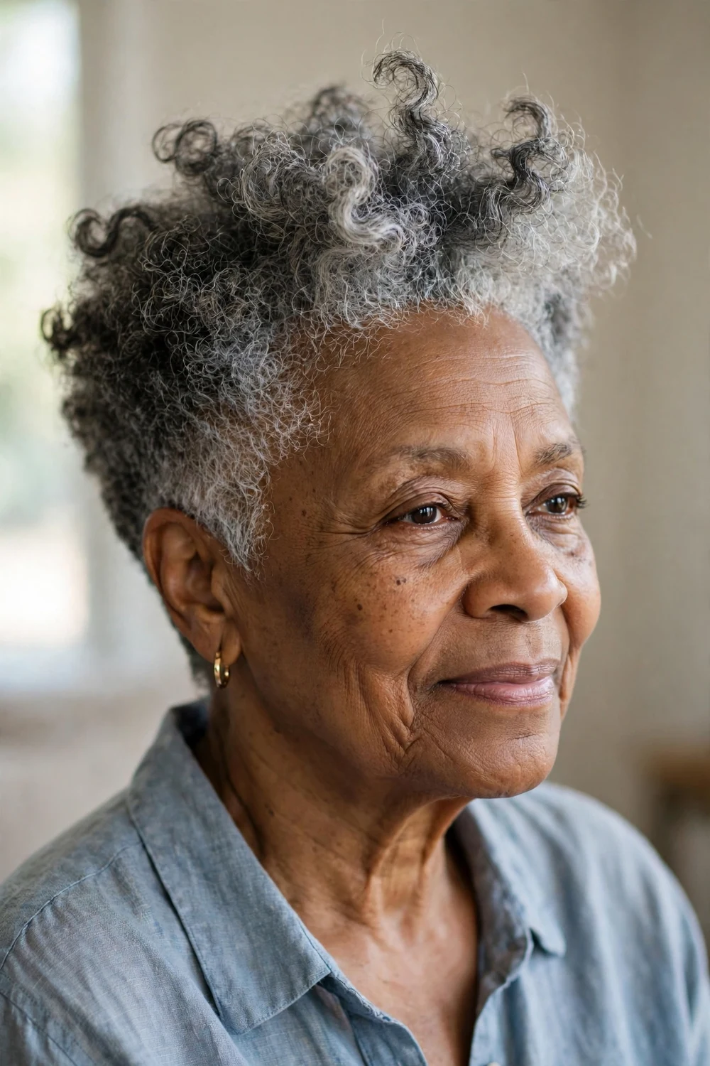 Older Black woman with natural silver salt-and-pepper curls