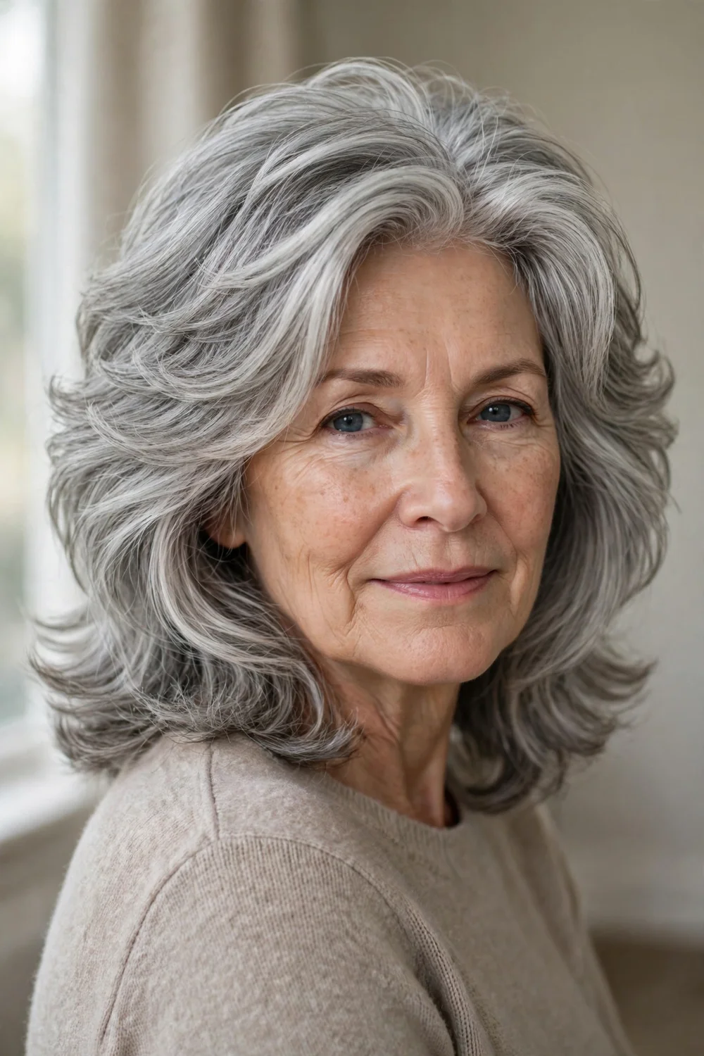 59-year-old woman with silver-gray shoulder-length layered hair, three-quarter view