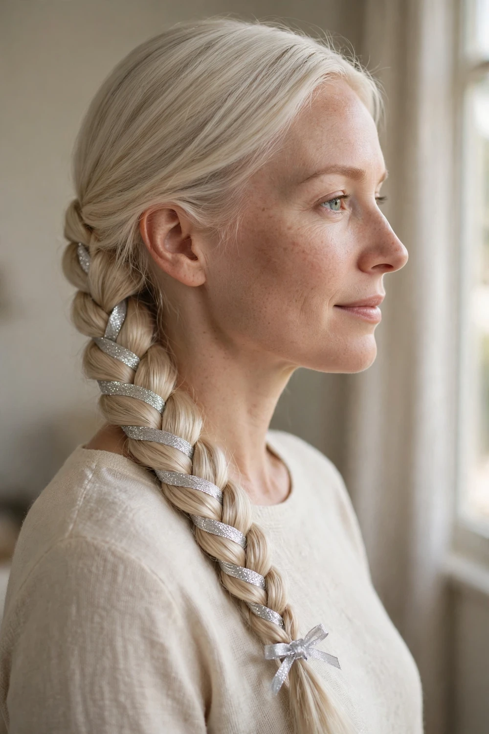 Side braid with a sparkling silver ribbon woven through and a small bow at the end