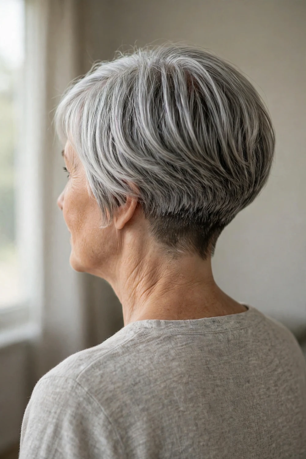 Silver stacked bob with a clean tapered undercut at the nape