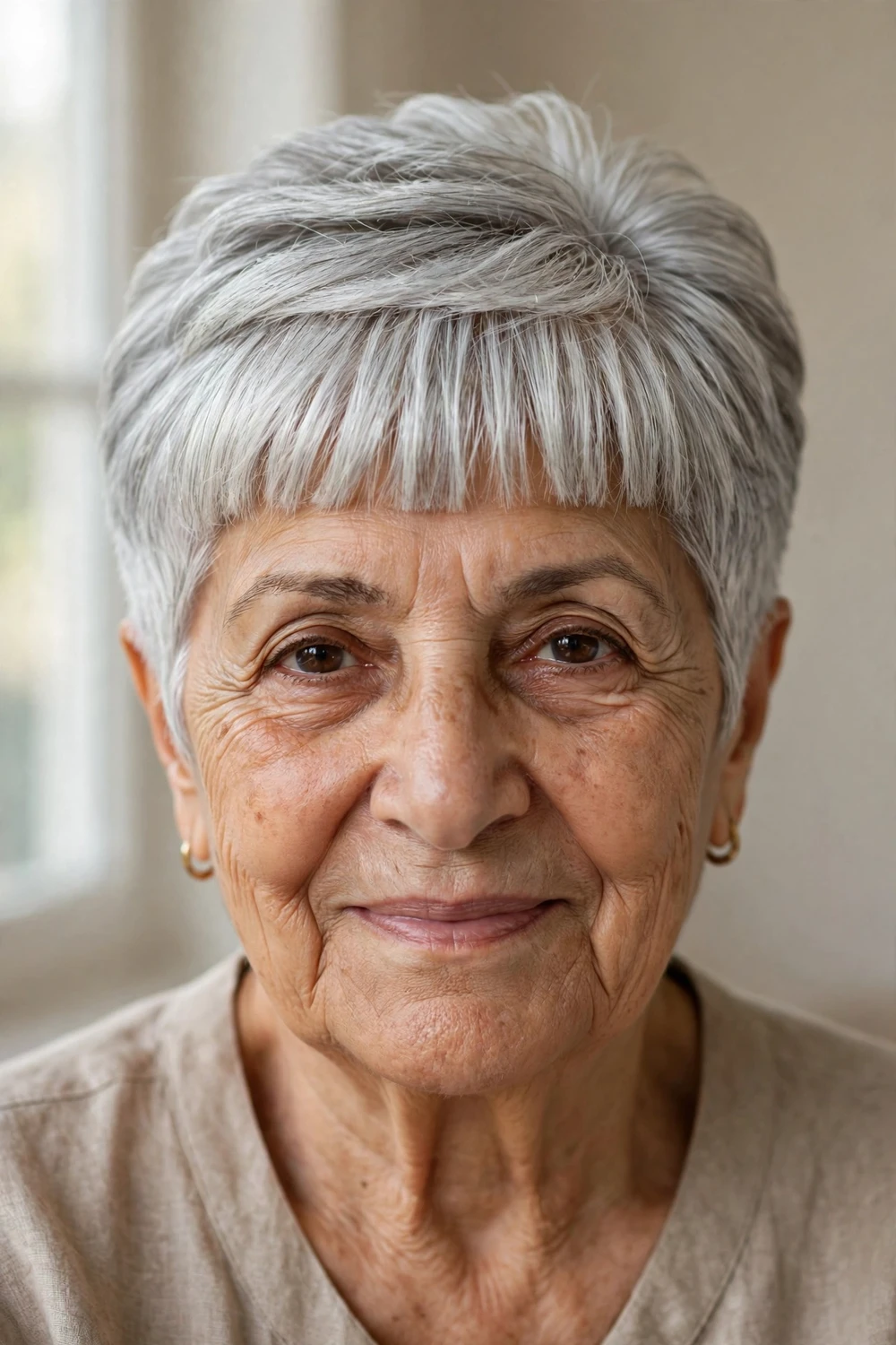 Silver wedge pixie with straight-across bangs