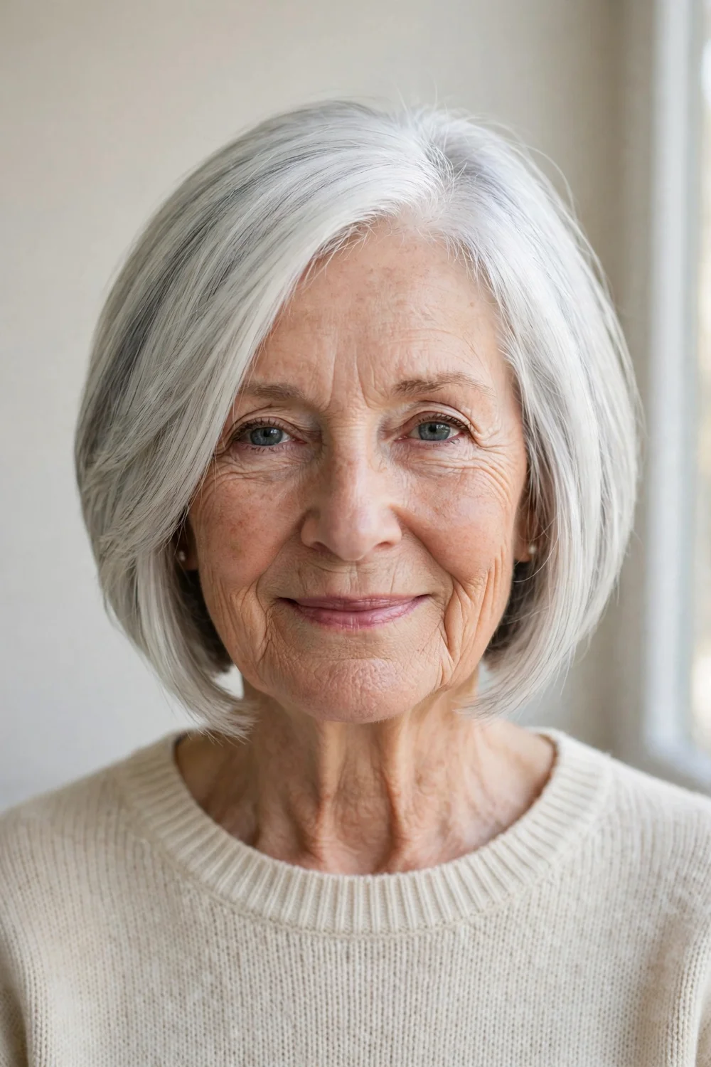Silver white stacked bob haircut on natural gray hair