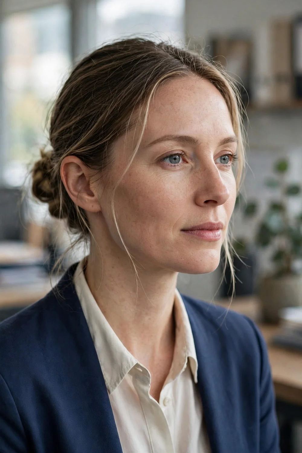 Woman with a simple low bun at the nape for thin hair