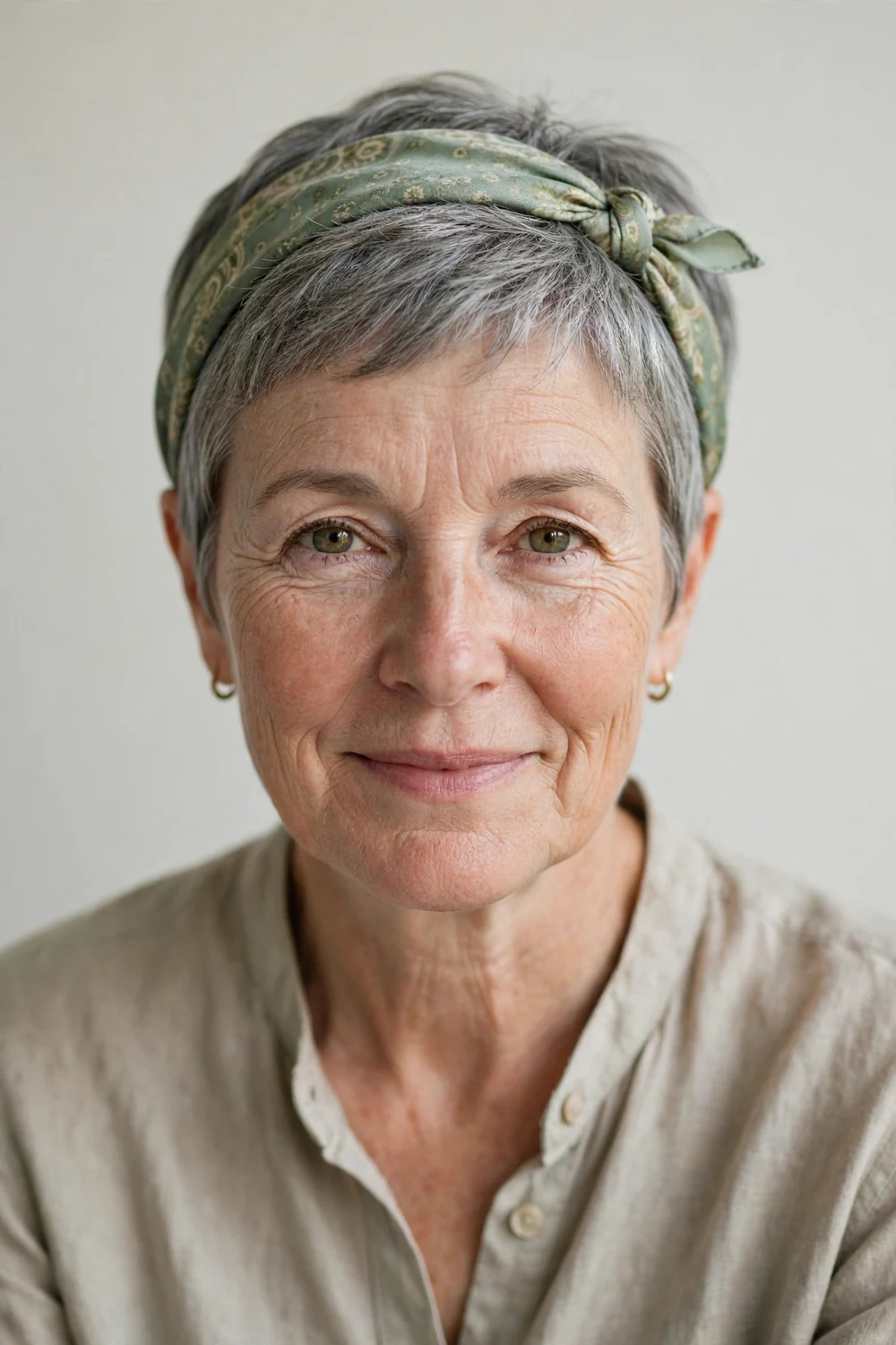 Woman in her fifties with a gray pixie wearing a silk scarf tied as a headband