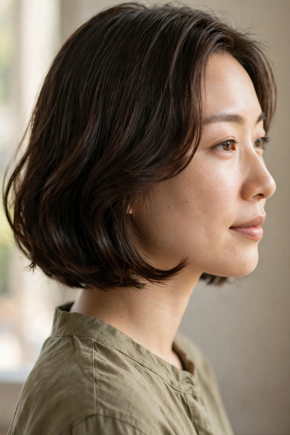 Single-wave bob with one elegant wave on dark brown chin-length hair, side view