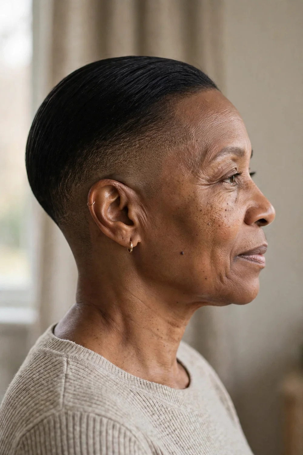 Older Black woman with a skin fade at the nape and a sleek top