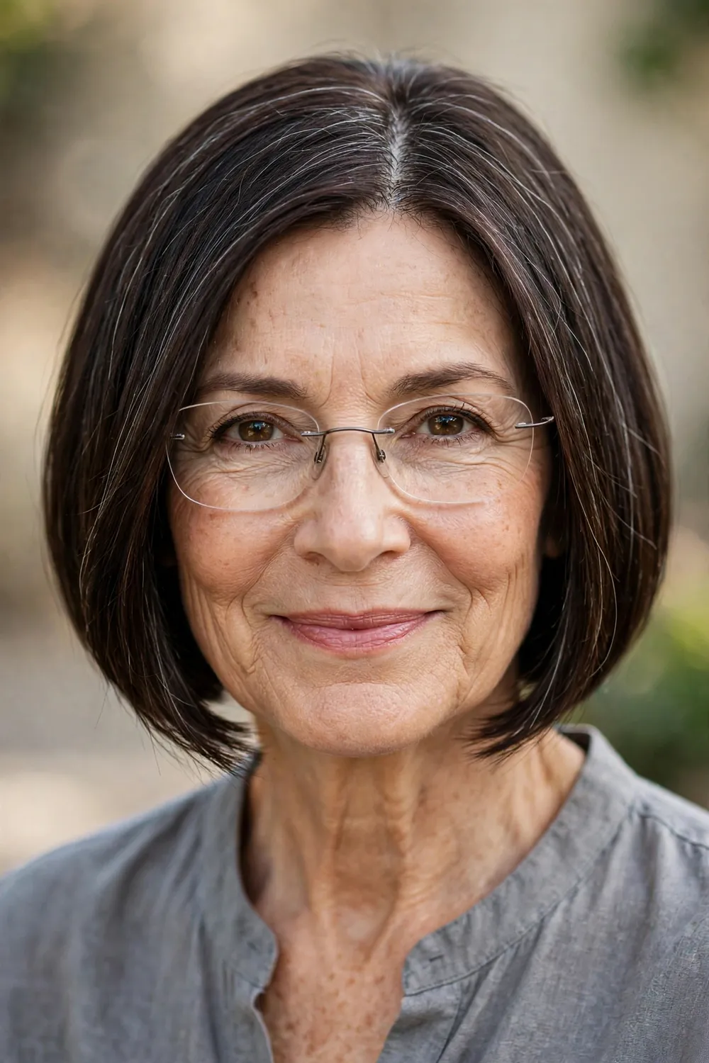 Mature woman with skinny bob and curtain bangs
