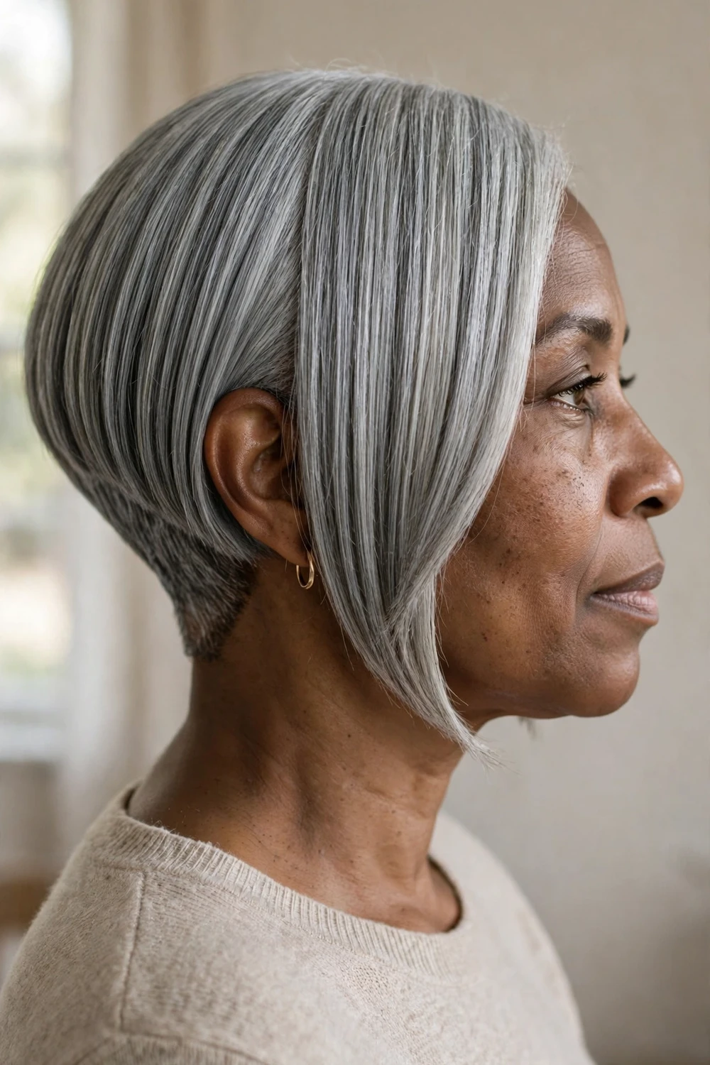 Sleek angled grey bob haircut with longer front