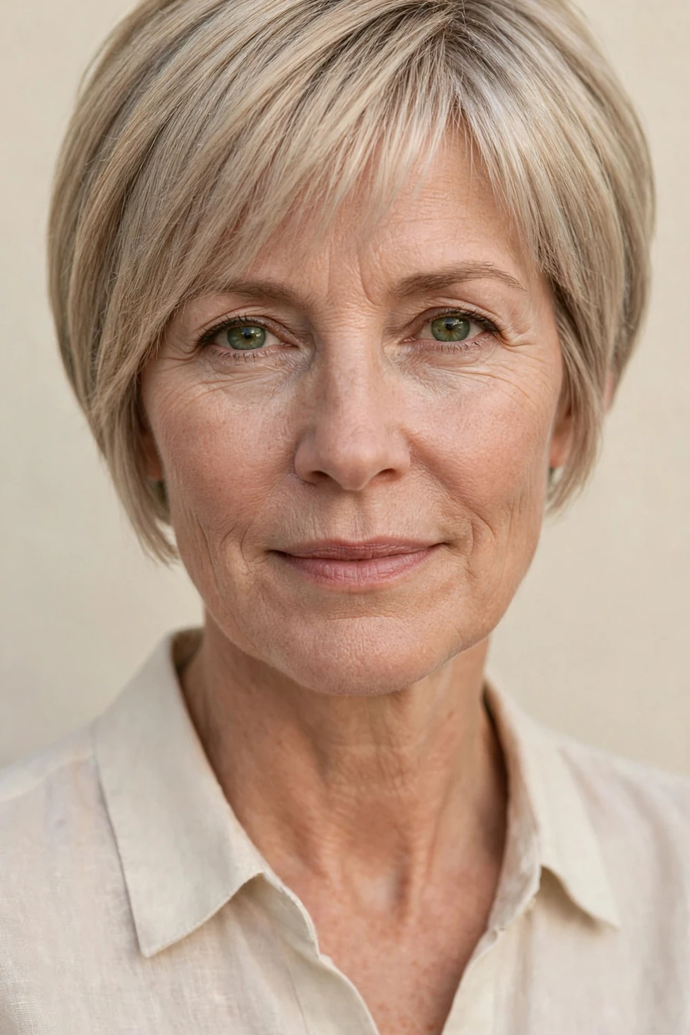 Sleek bixie haircut with wispy bangs on a woman over 50