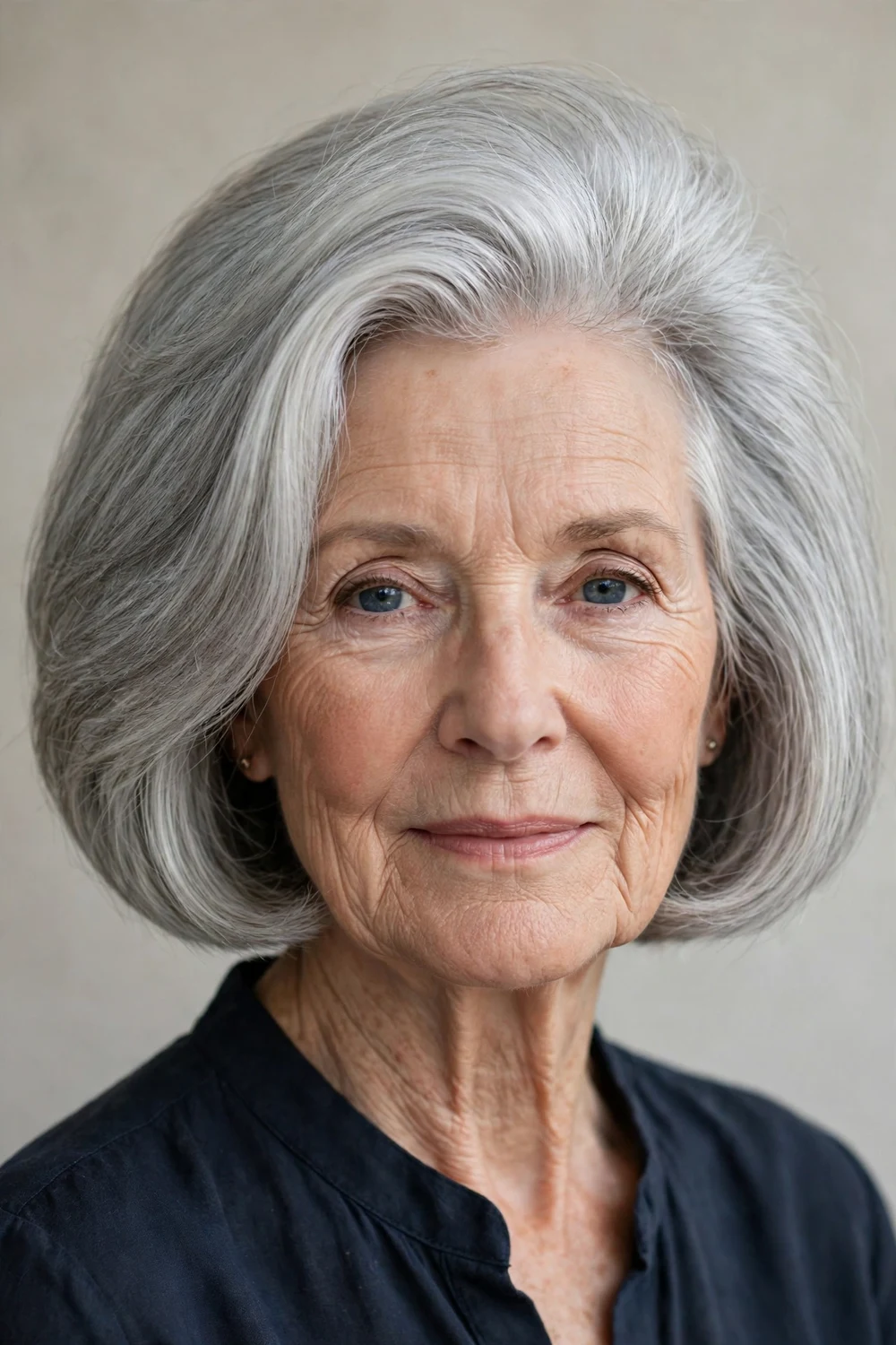 Woman in her 60s with sleek chin-length blunt bob and side part, front view