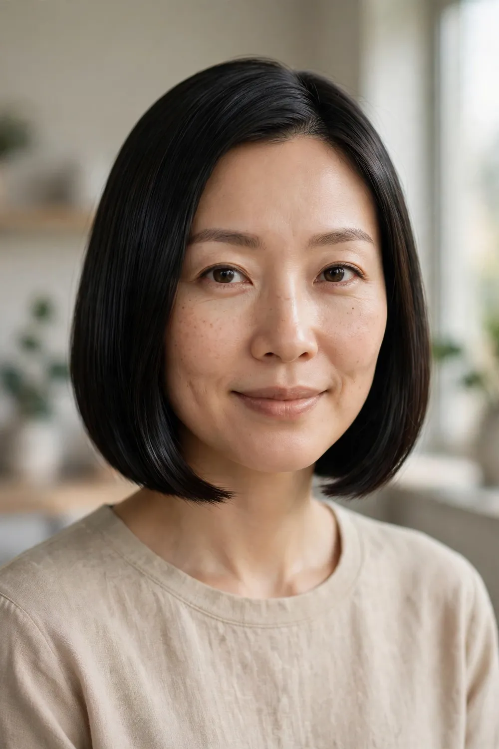 Woman with an oval face wearing a sleek glass bob with mirror shine