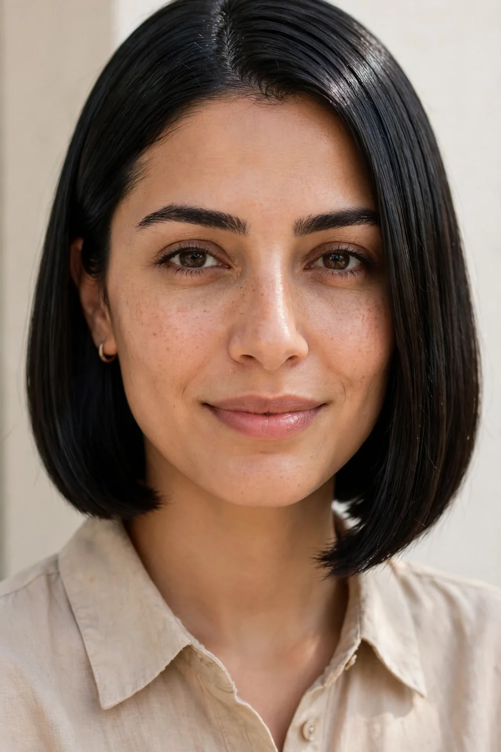 Woman with a sleek glossy glass bob