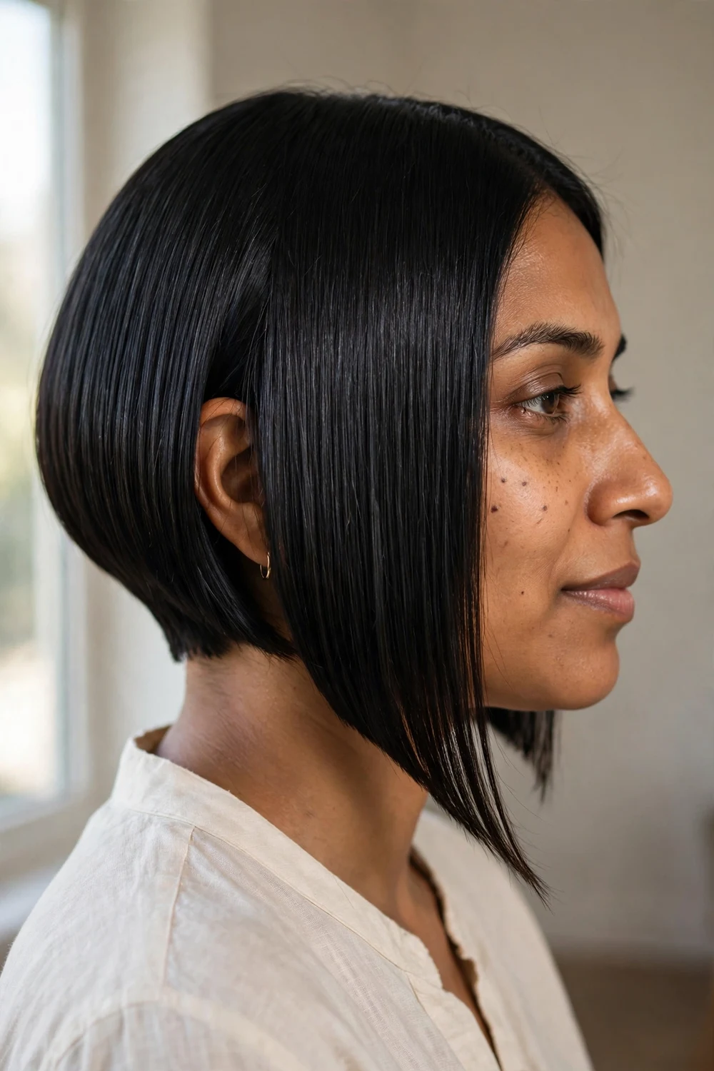 Sleek glassy A-line bob with high shine finish