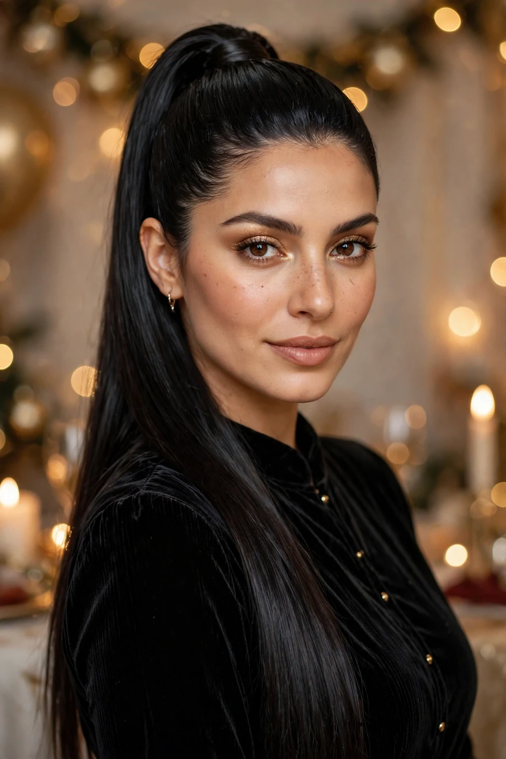 Woman with glassy sleek high ponytail