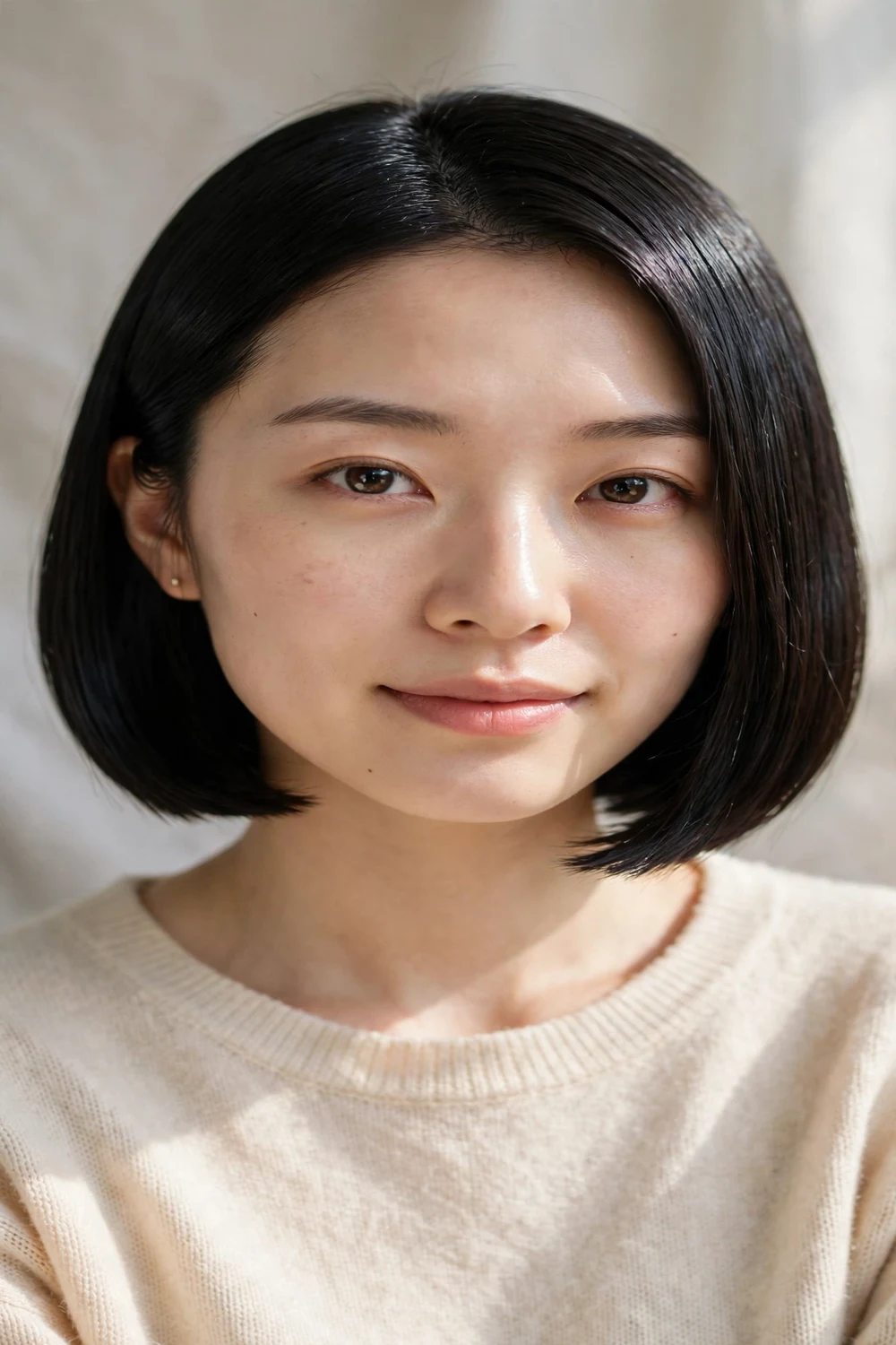 Woman with a sleek glass-like italian bob, ultra smooth finish