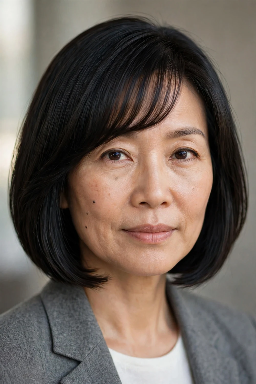 Sleek layered bob with softly curved bangs