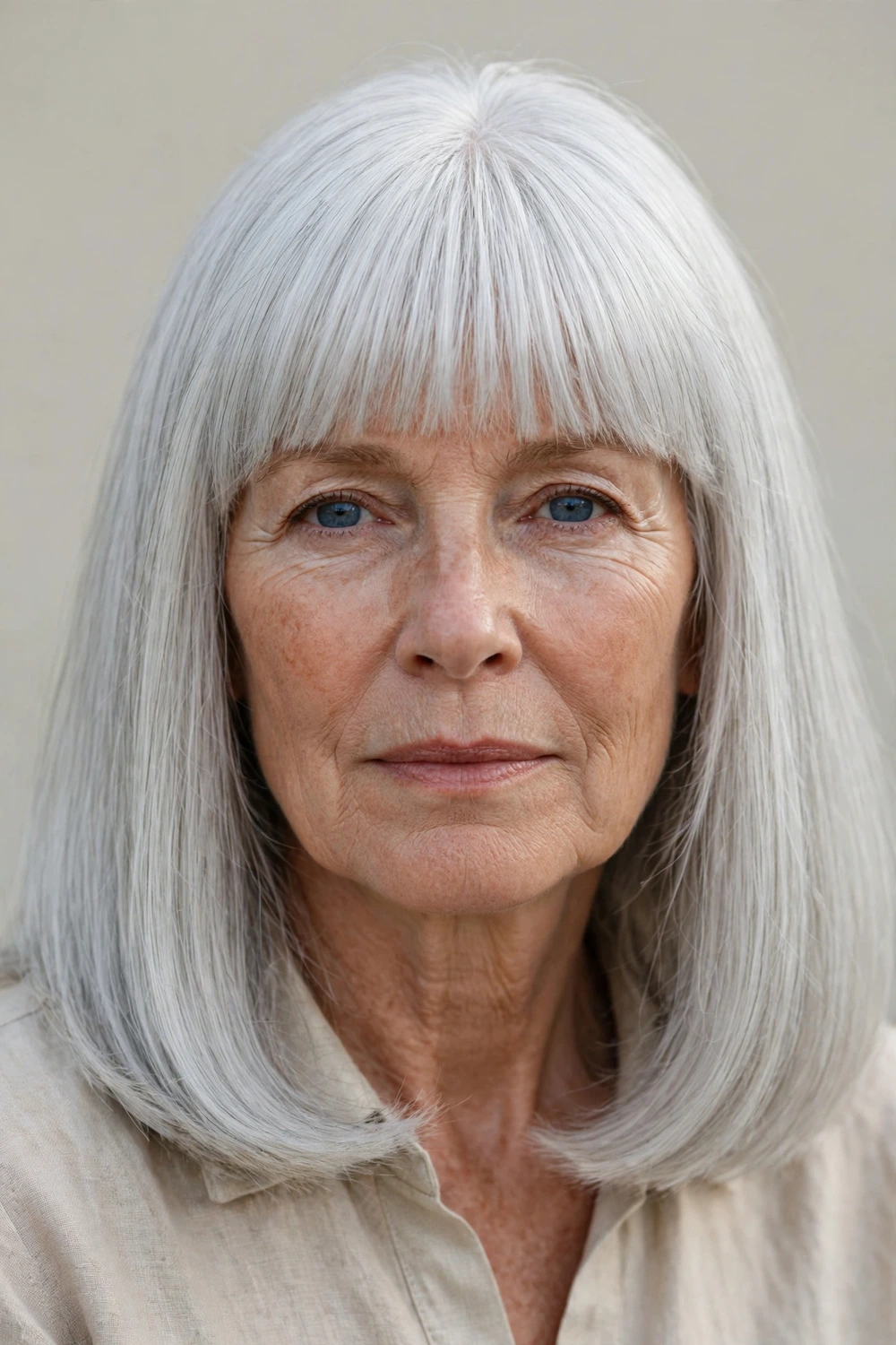 Woman in her 60s with sleek straight lob and blunt bangs, front view