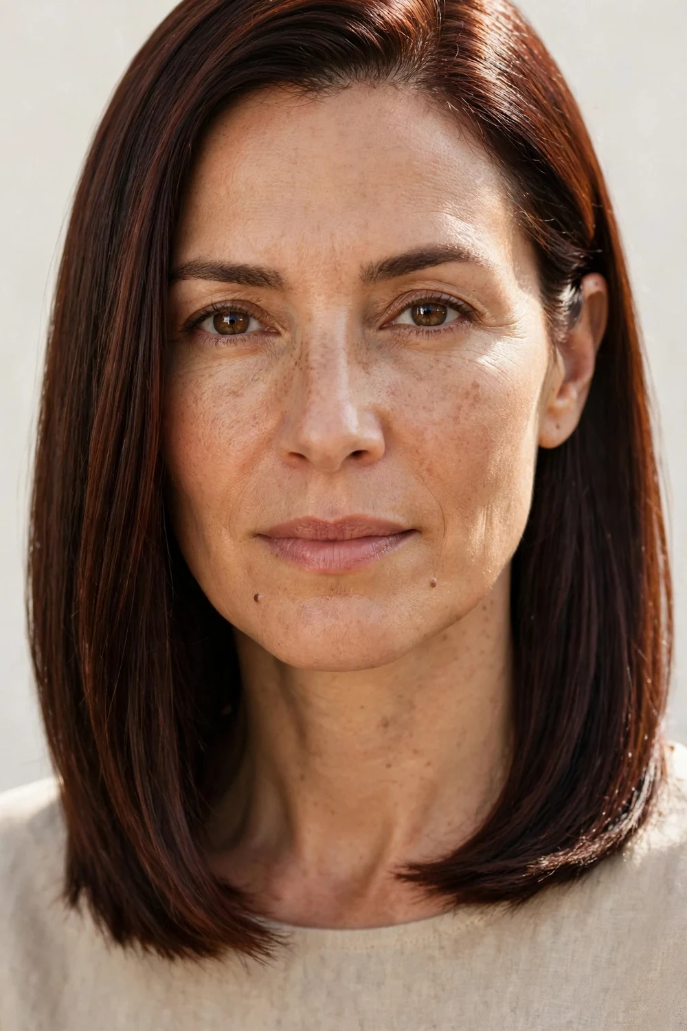 Woman with a sleek lob on straight hair, collarbone length with smooth polished ends