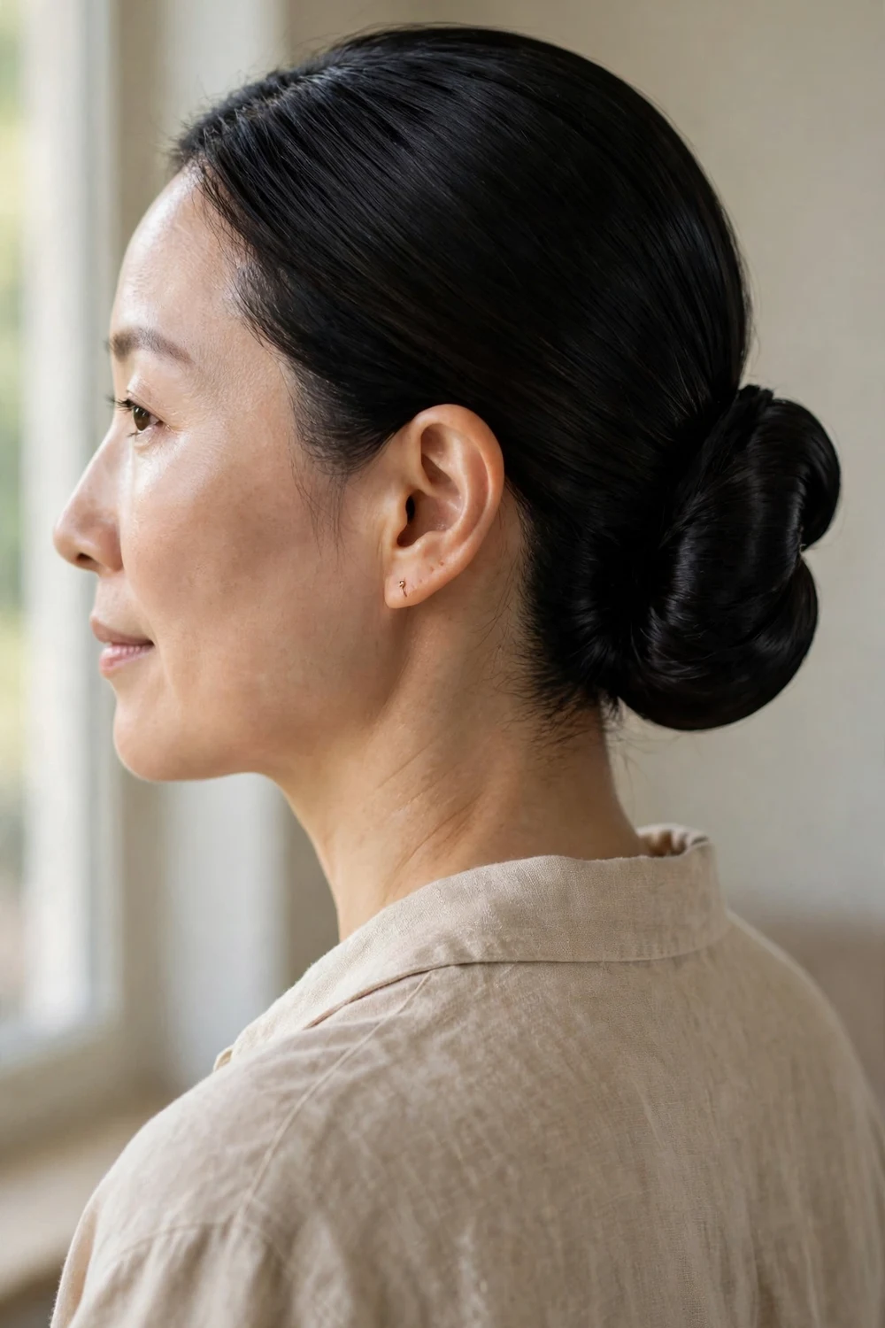Woman with sleek low bun for Christmas long hair