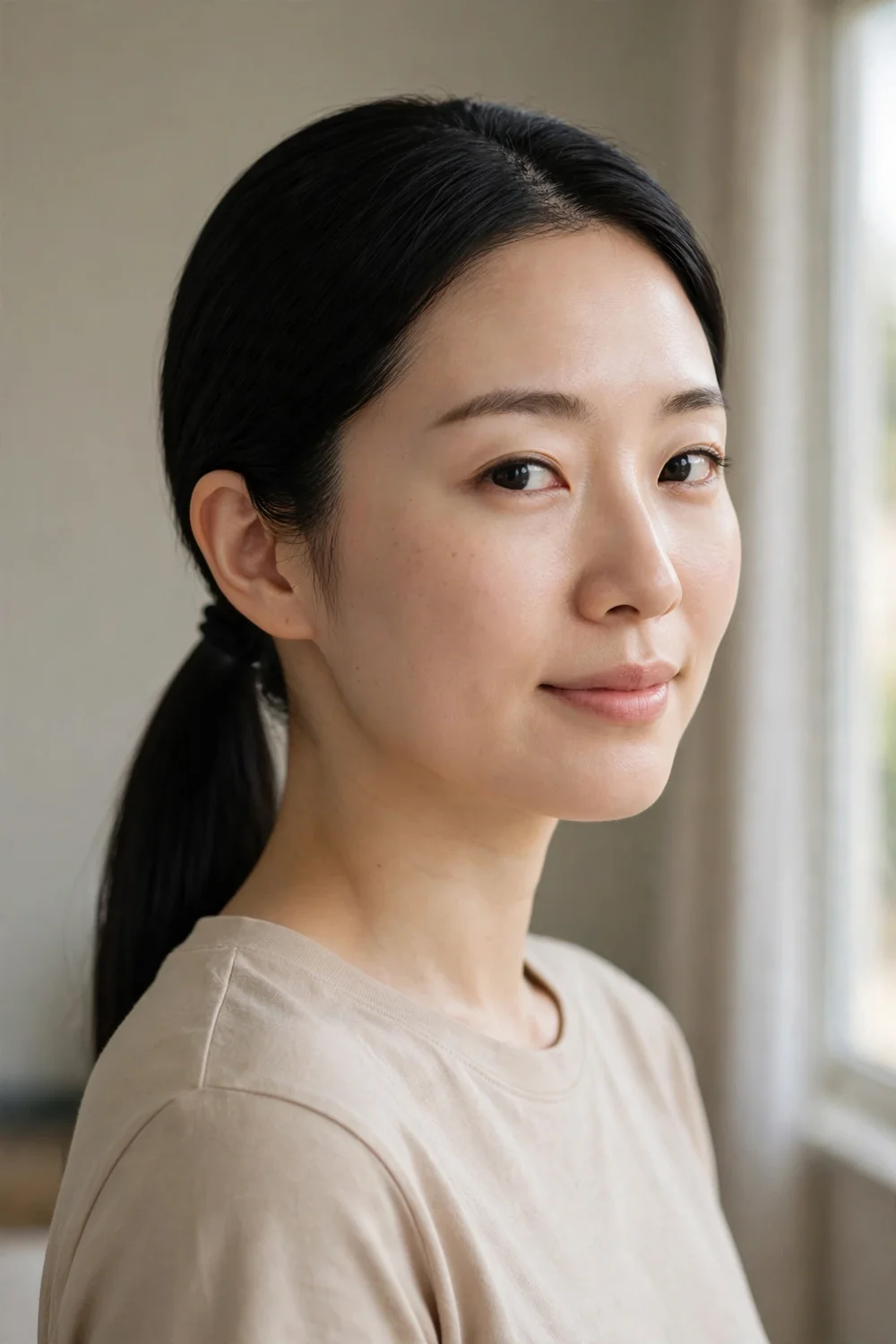 Woman with black medium-length hair in a sleek low ponytail