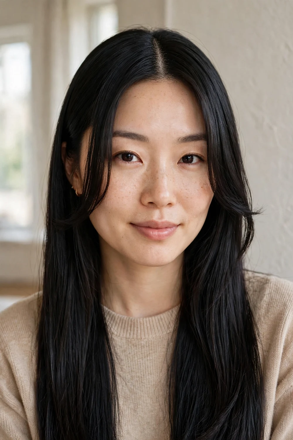 Sleek middle part with long curtain bangs on fine straight hair